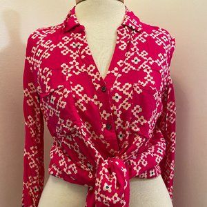 Maeve Anthropologie raspberry colored abstract long sleeve blouse